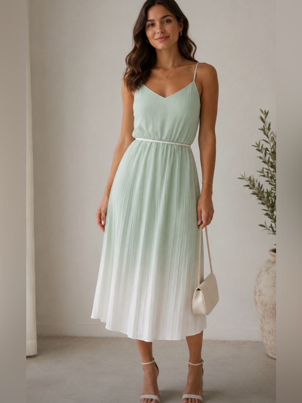 Mint Green Ombre Pleated Midi Dress with Spaghetti Straps